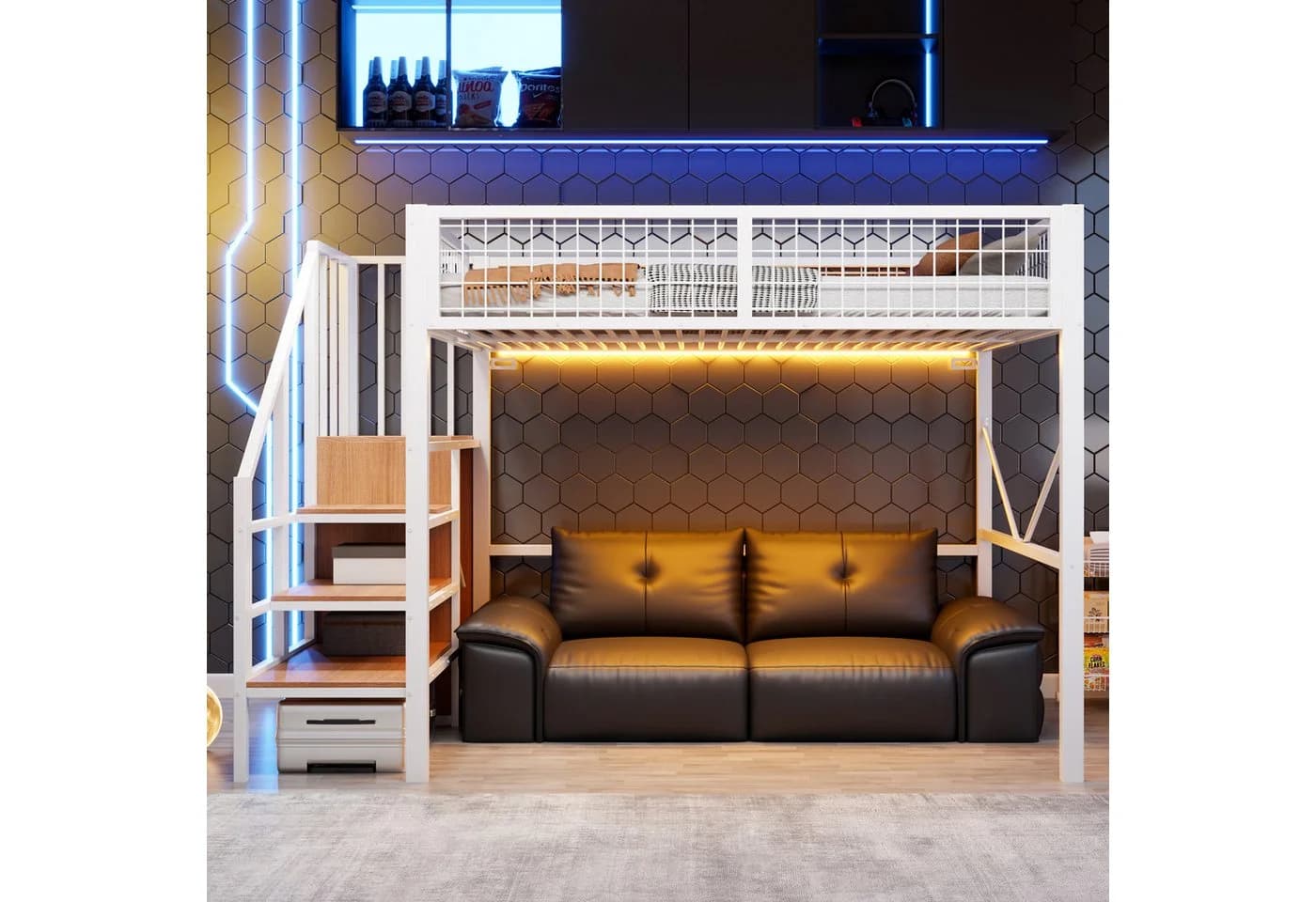 Flieks Hochbett Metall 140x200cm mit Stauraumtreppe & LED