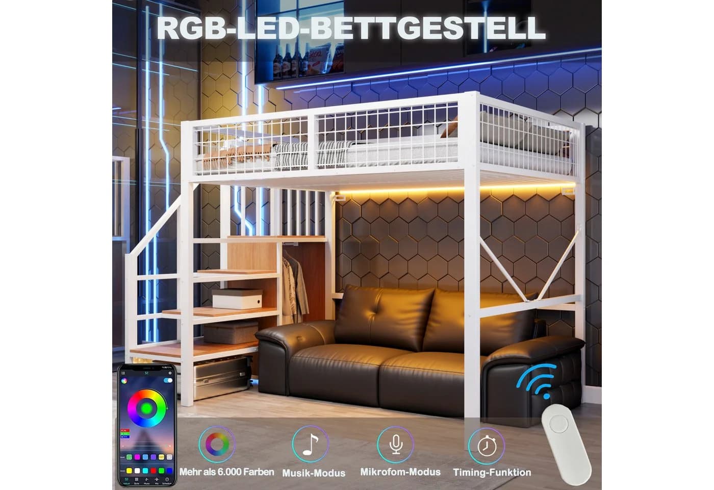 Flieks Hochbett Metall 140x200cm mit Stauraumtreppe & LED - Bild 4