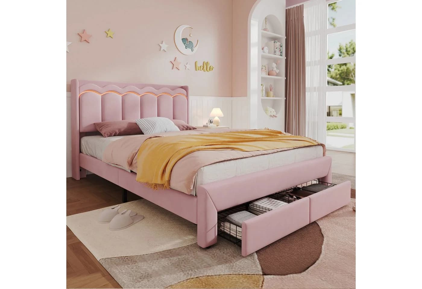 Flieks Polsterbett Rosa mit Wellenform-Kopfteil, Schubladen & LED