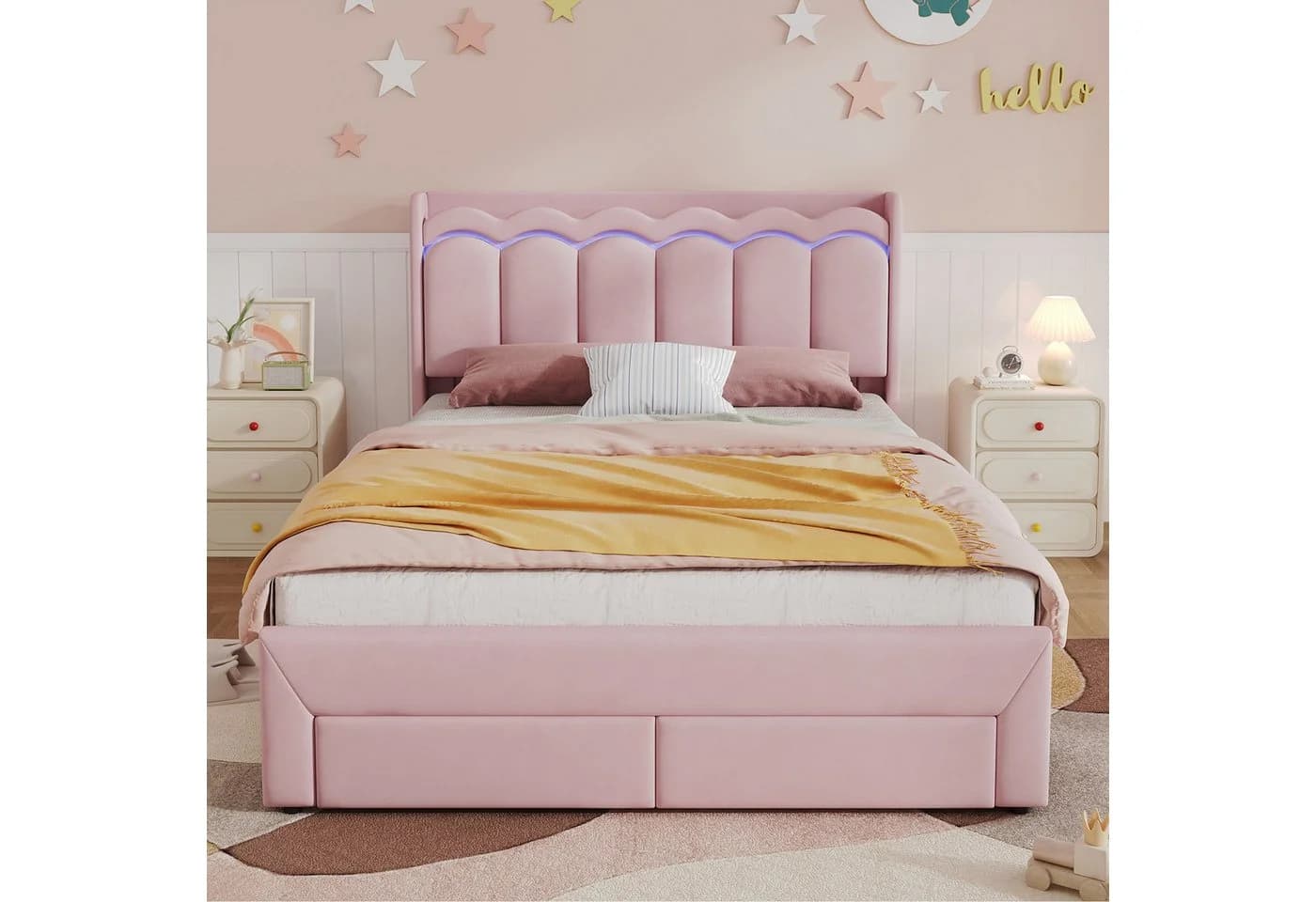 Flieks Polsterbett Rosa mit Wellenform-Kopfteil, Schubladen & LED - Bild 2