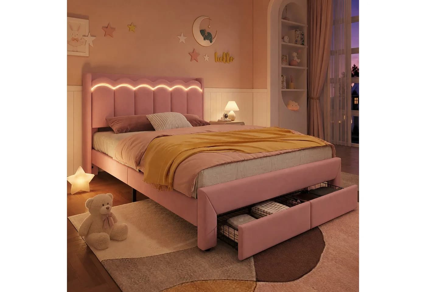 Flieks Polsterbett Rosa mit Wellenform-Kopfteil, Schubladen & LED - Bild 3