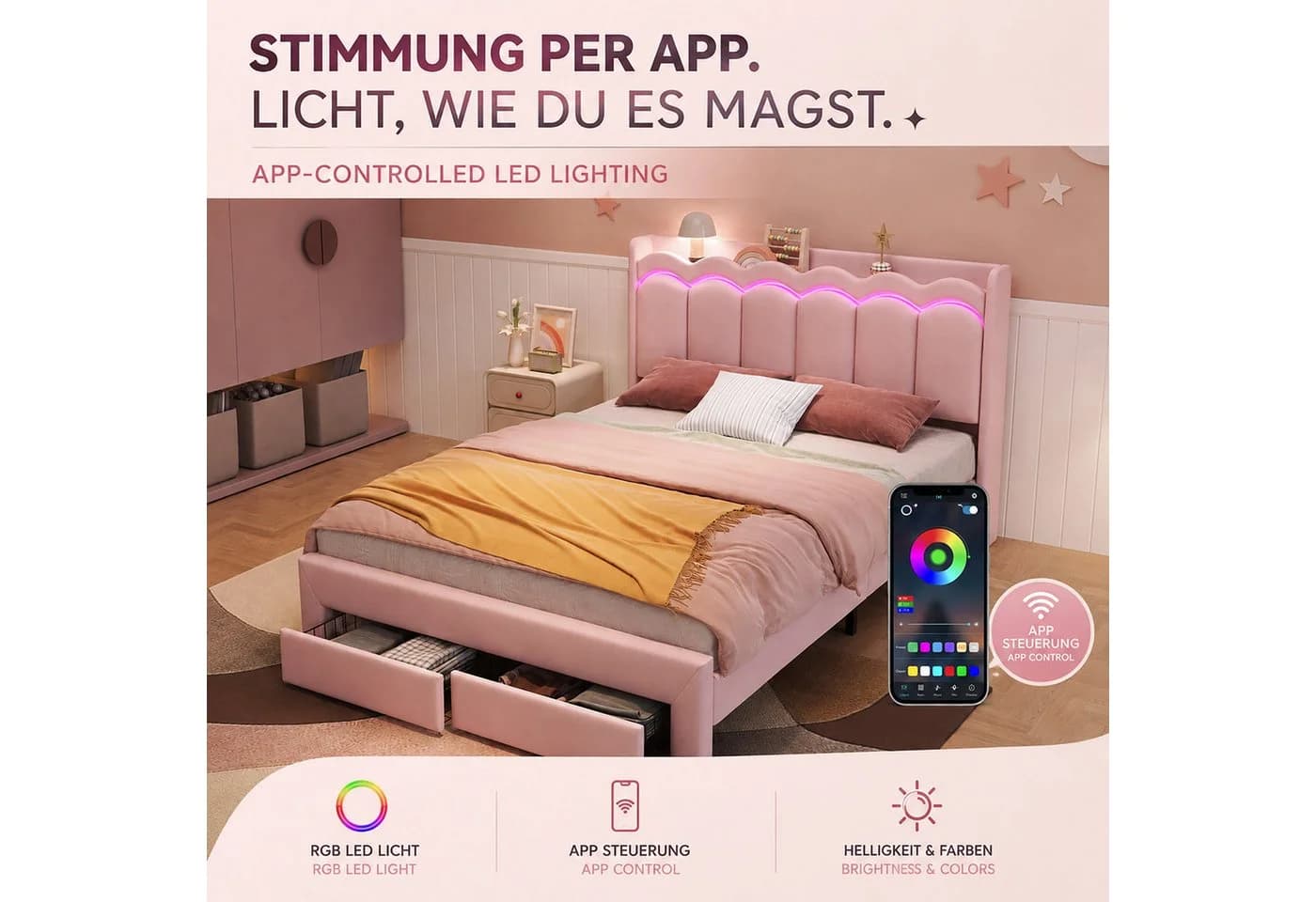 Flieks Polsterbett Rosa mit Wellenform-Kopfteil, Schubladen & LED - Bild 4