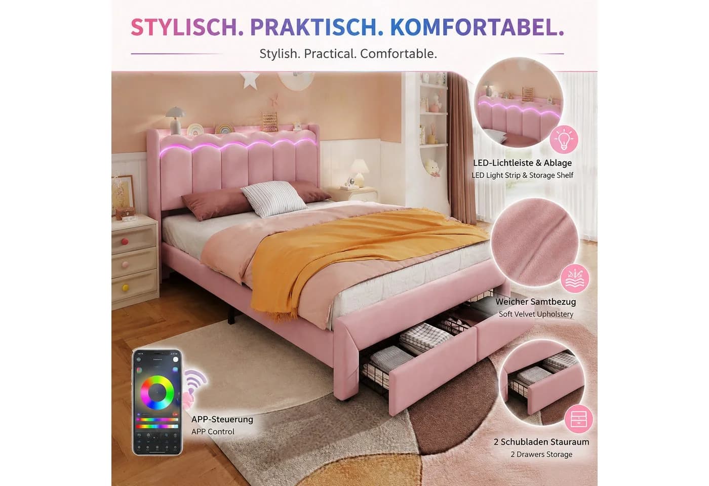 Flieks Polsterbett Rosa mit Wellenform-Kopfteil, Schubladen & LED - Bild 5