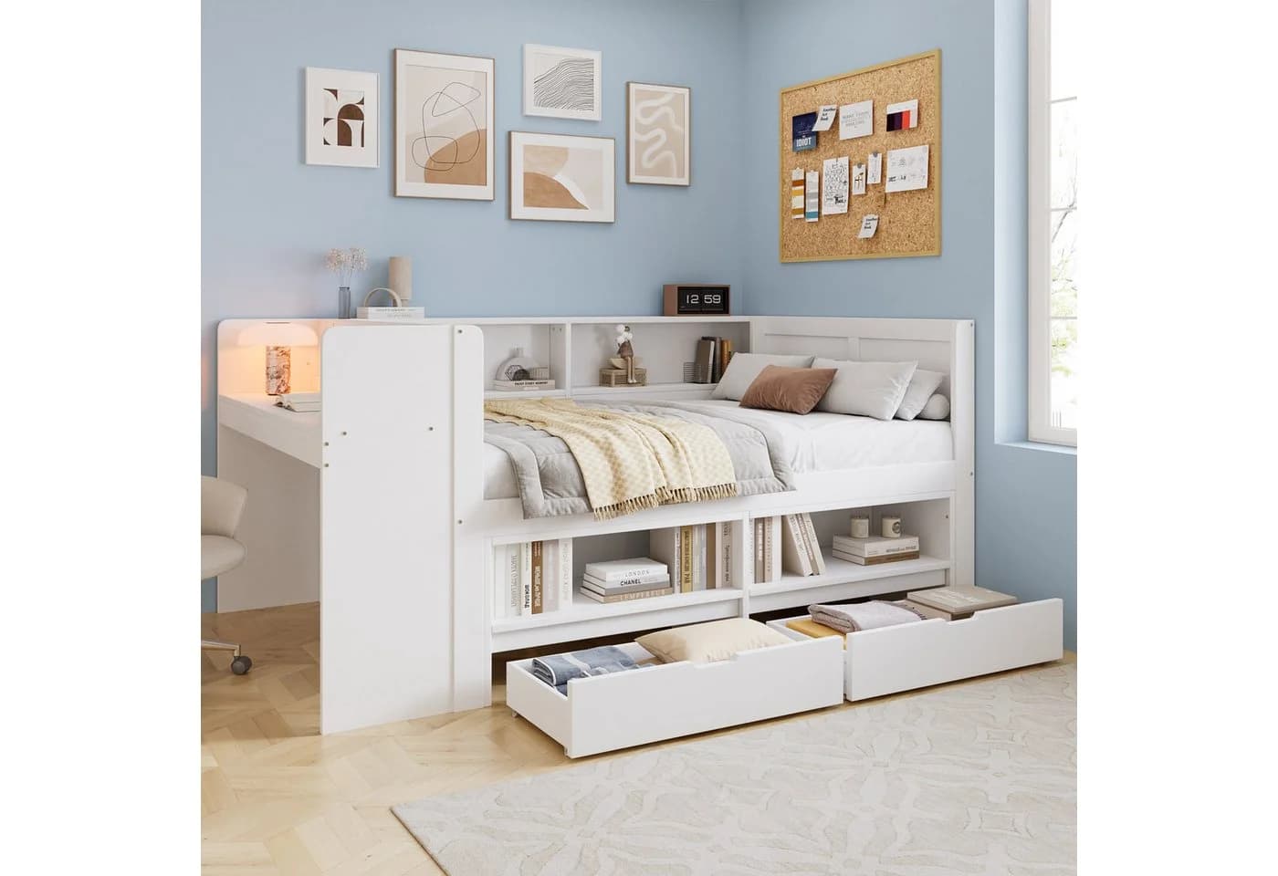 Flieks Holzbett Kinderbett 120x200 mit Schreibtisch und Stauraum Weiß