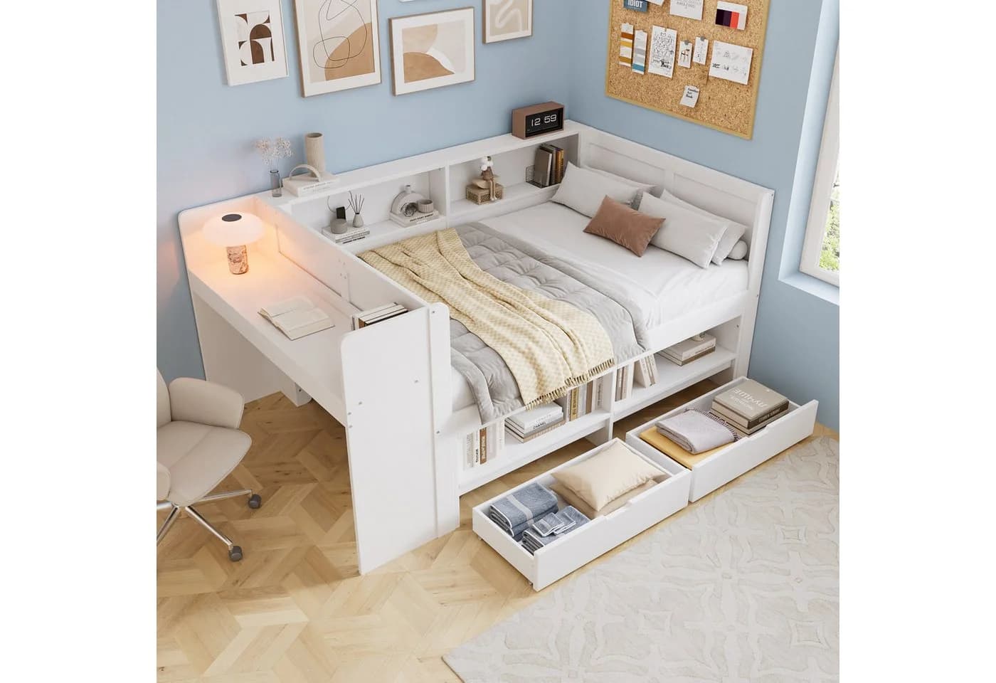 Flieks Holzbett Kinderbett 120x200 mit Schreibtisch und Stauraum Weiß - Bild 2