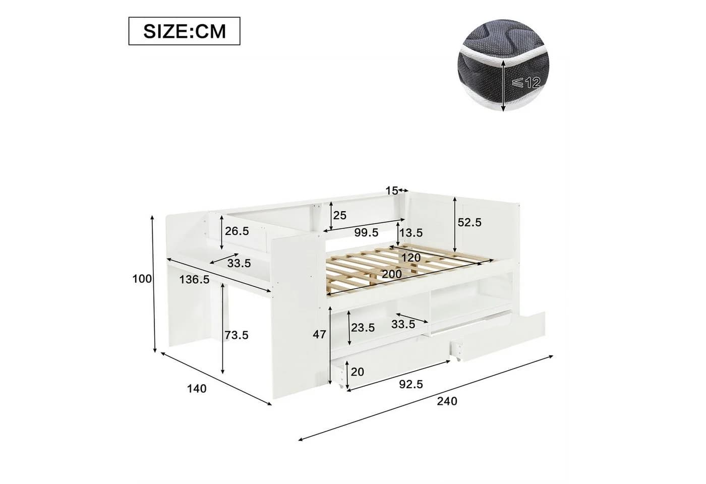 Flieks Holzbett Kinderbett 120x200 mit Schreibtisch und Stauraum Weiß - Bild 5