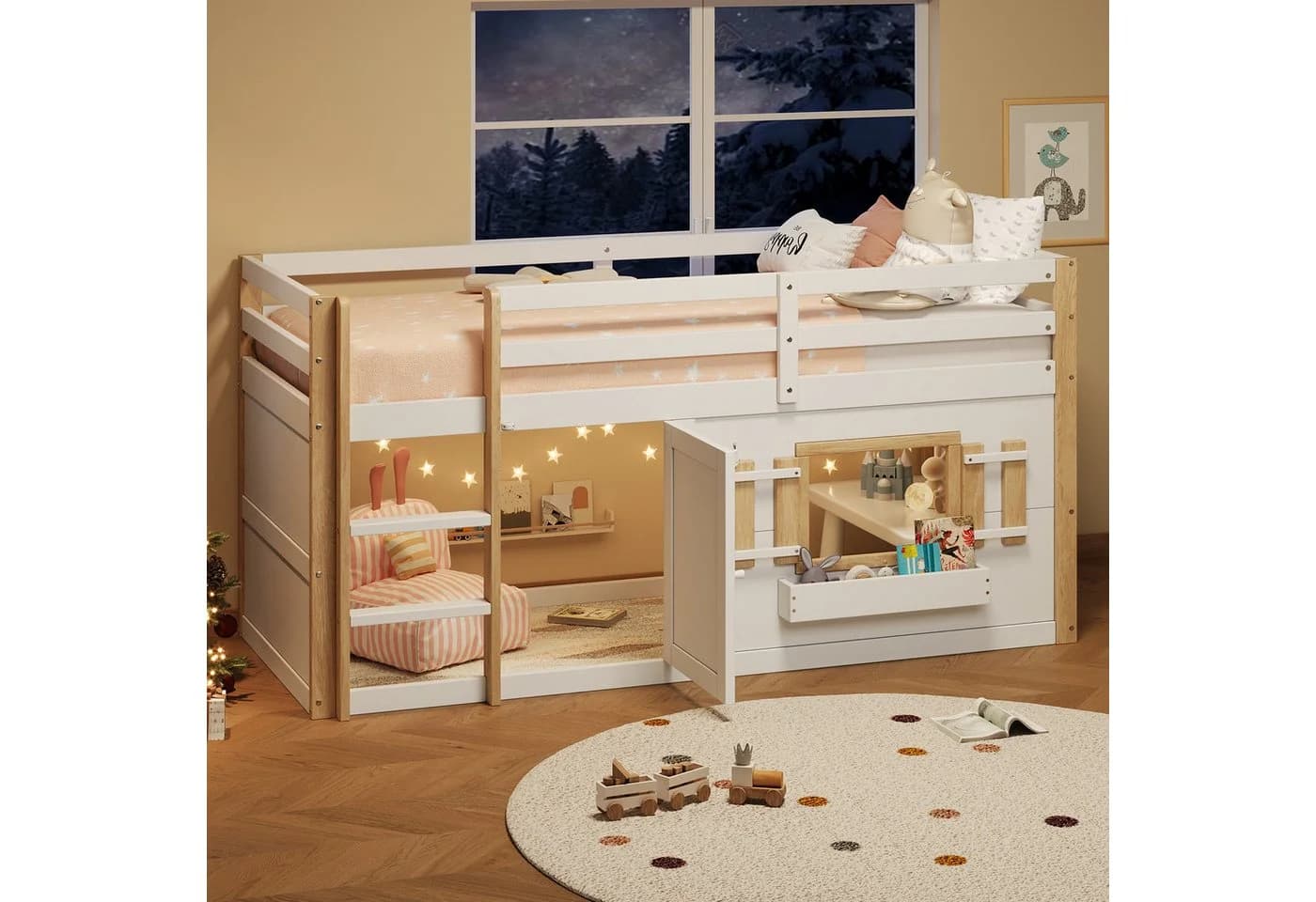 Flieks Hochbett mit Hausdesign, Rausfallschutz & Fenster