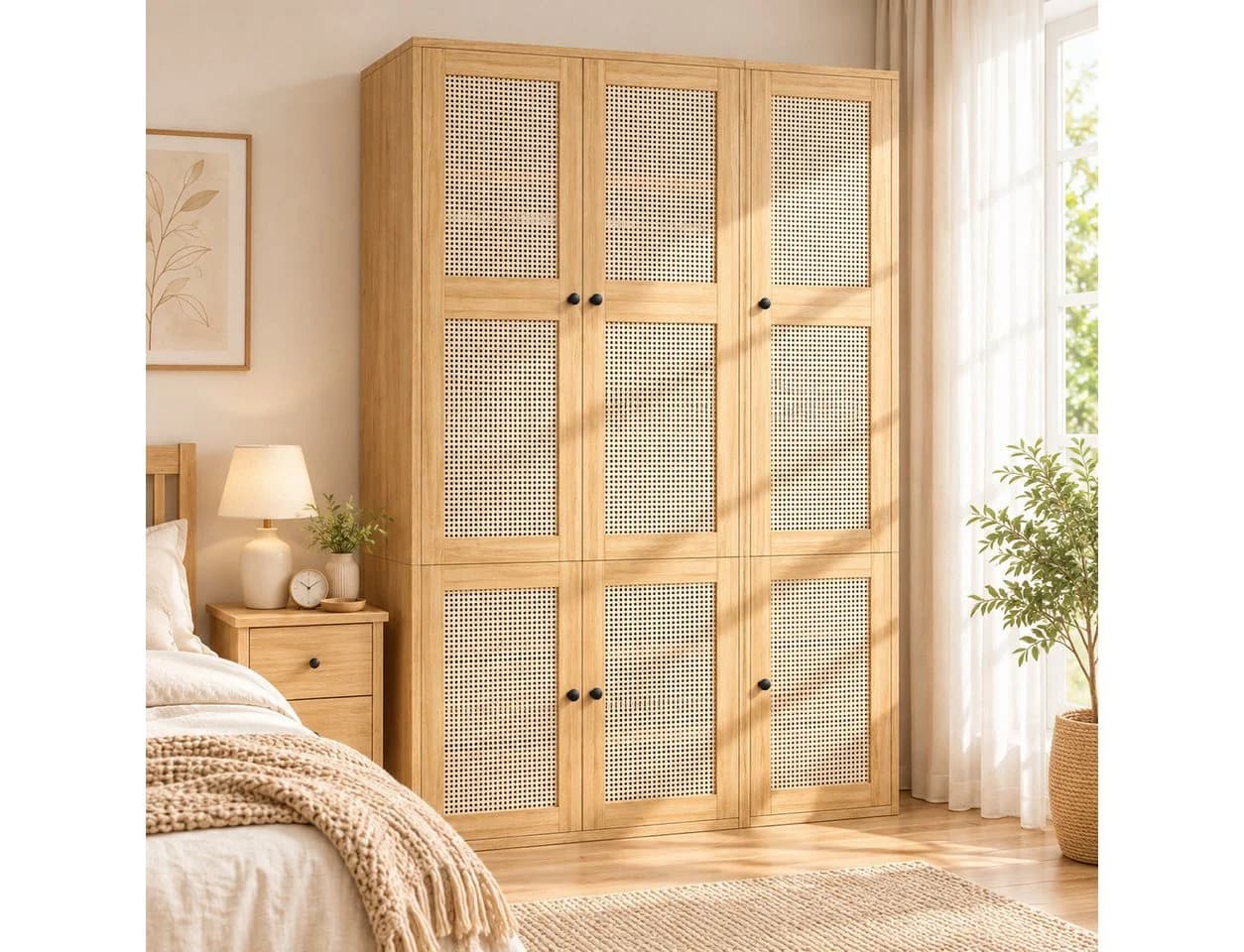 Flieks Kleiderschrank Rattan-Geflecht 2 Kleiderstangen 6 Schubladen - Bild 2