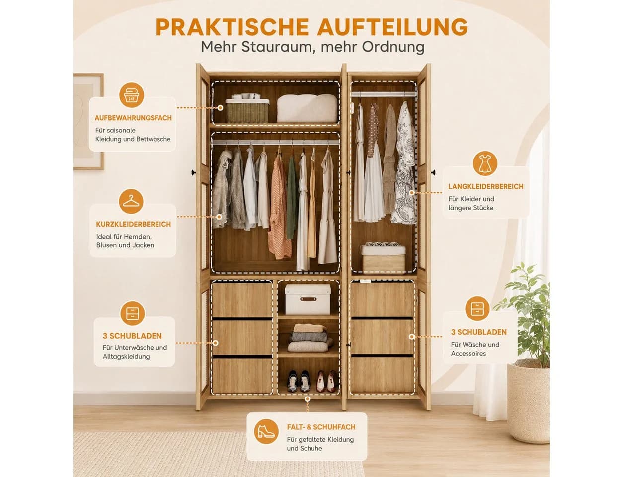 Flieks Kleiderschrank Rattan-Geflecht 2 Kleiderstangen 6 Schubladen - Bild 3