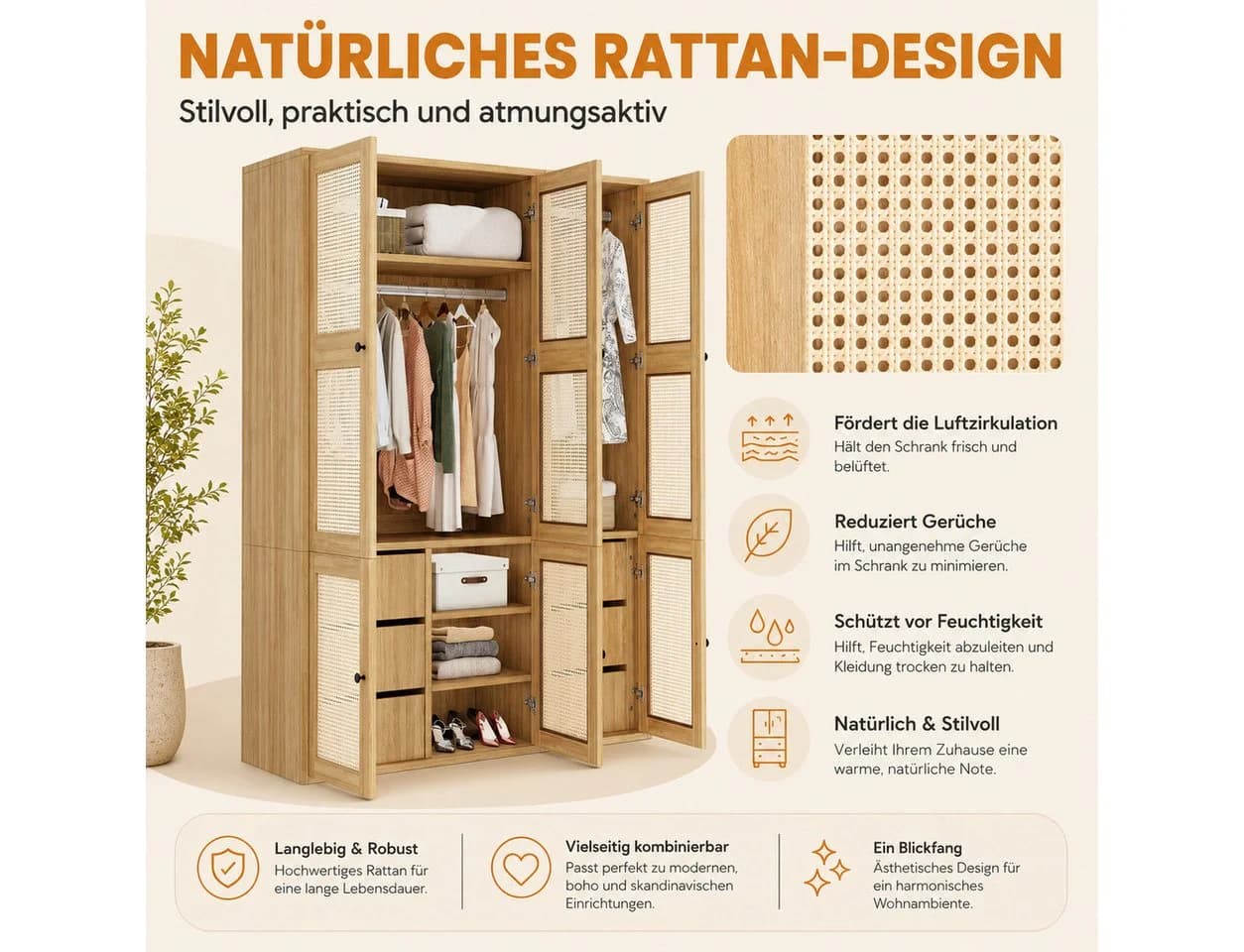 Flieks Kleiderschrank Rattan-Geflecht 2 Kleiderstangen 6 Schubladen - Bild 4