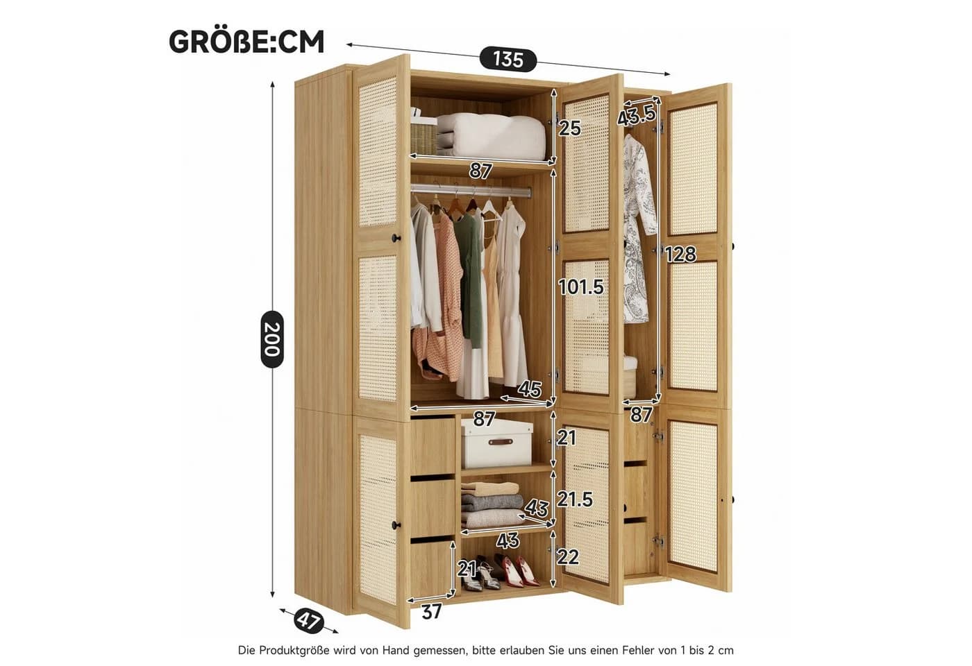 Flieks Kleiderschrank Rattan-Geflecht 2 Kleiderstangen 6 Schubladen - Bild 5