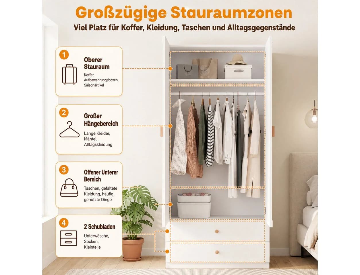 Flieks Kleiderschrank Hochschrank Weiß mit Schubladen - Bild 4