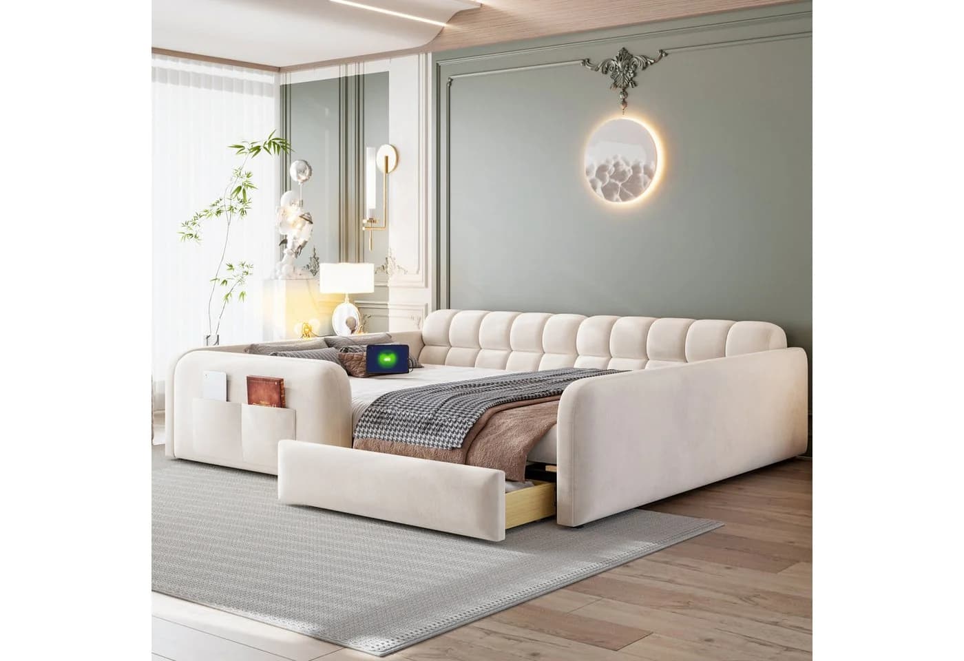 Flieks Polsterbett Daybett Beige mit Schublade und Ladeanschluss