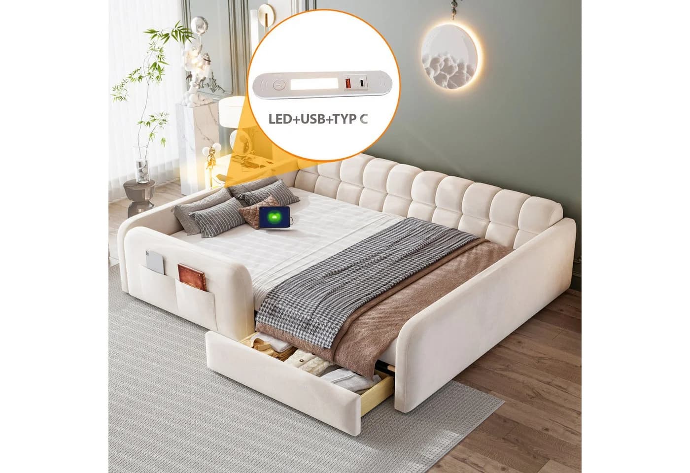 Flieks Polsterbett Daybett Beige mit Schublade und Ladeanschluss - Bild 5
