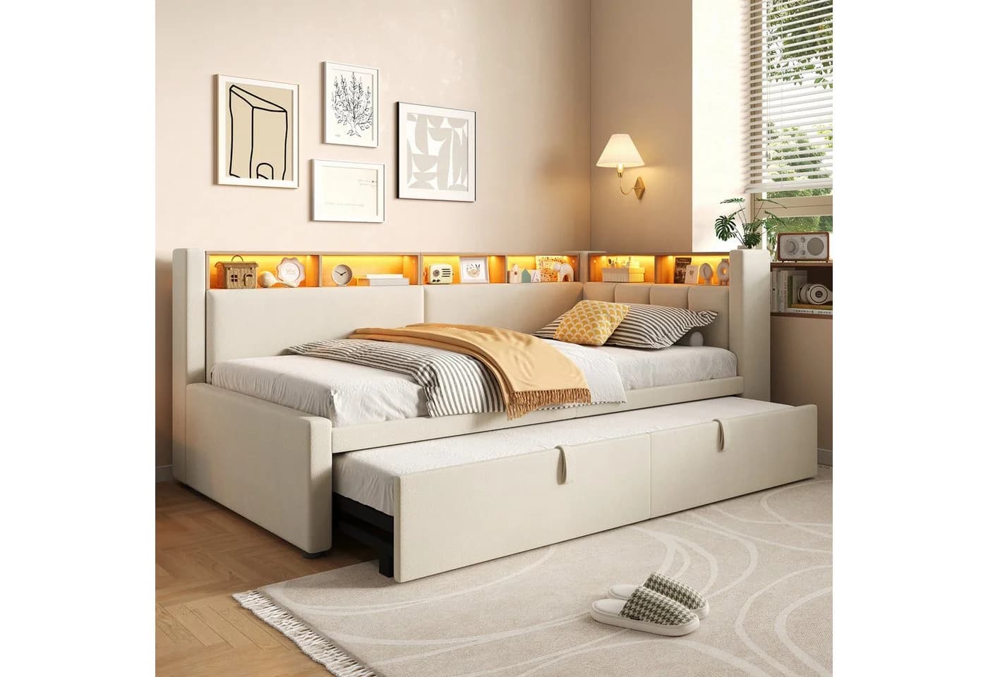 Flieks Daybett L-Form Polsterbett mit Ausziehbett und LED-Beleuchtung Beige - Bild 3