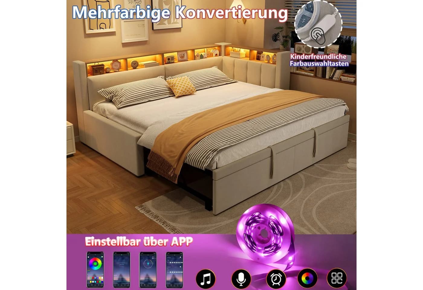 Flieks Daybett L-Form Polsterbett mit Ausziehbett und LED-Beleuchtung Beige - Bild 4