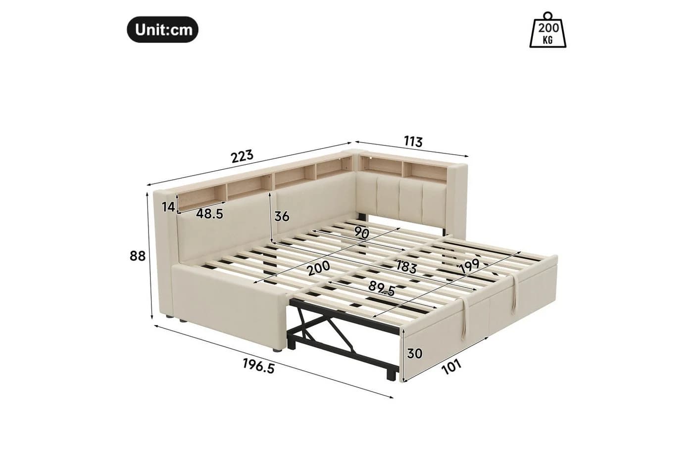 Flieks Daybett L-Form Polsterbett mit Ausziehbett und LED-Beleuchtung Beige - Bild 5