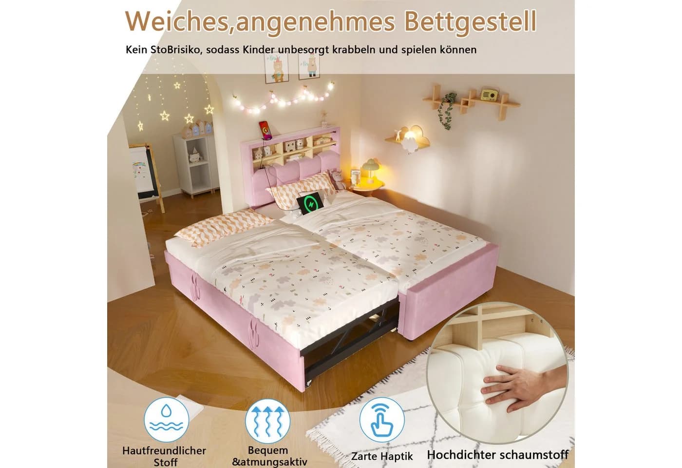 Flieks Polsterbett Daybett Rosa mit Ausziehbett und Stauraum - Bild 5