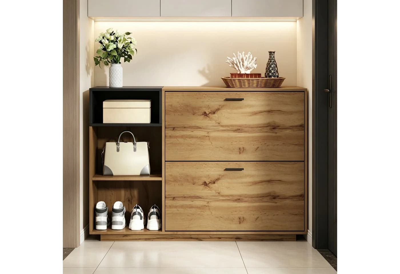 Merax Schuhschrank Naturholz Schwarz mit 3 offenen Fächern & 2 Klappfächern - Bild 2
