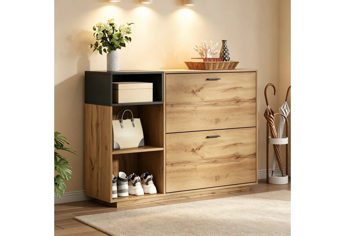 Merax Schuhschrank Naturholz Schwarz mit 3 offenen Fächern & 2 Klappfächern - Bild 3