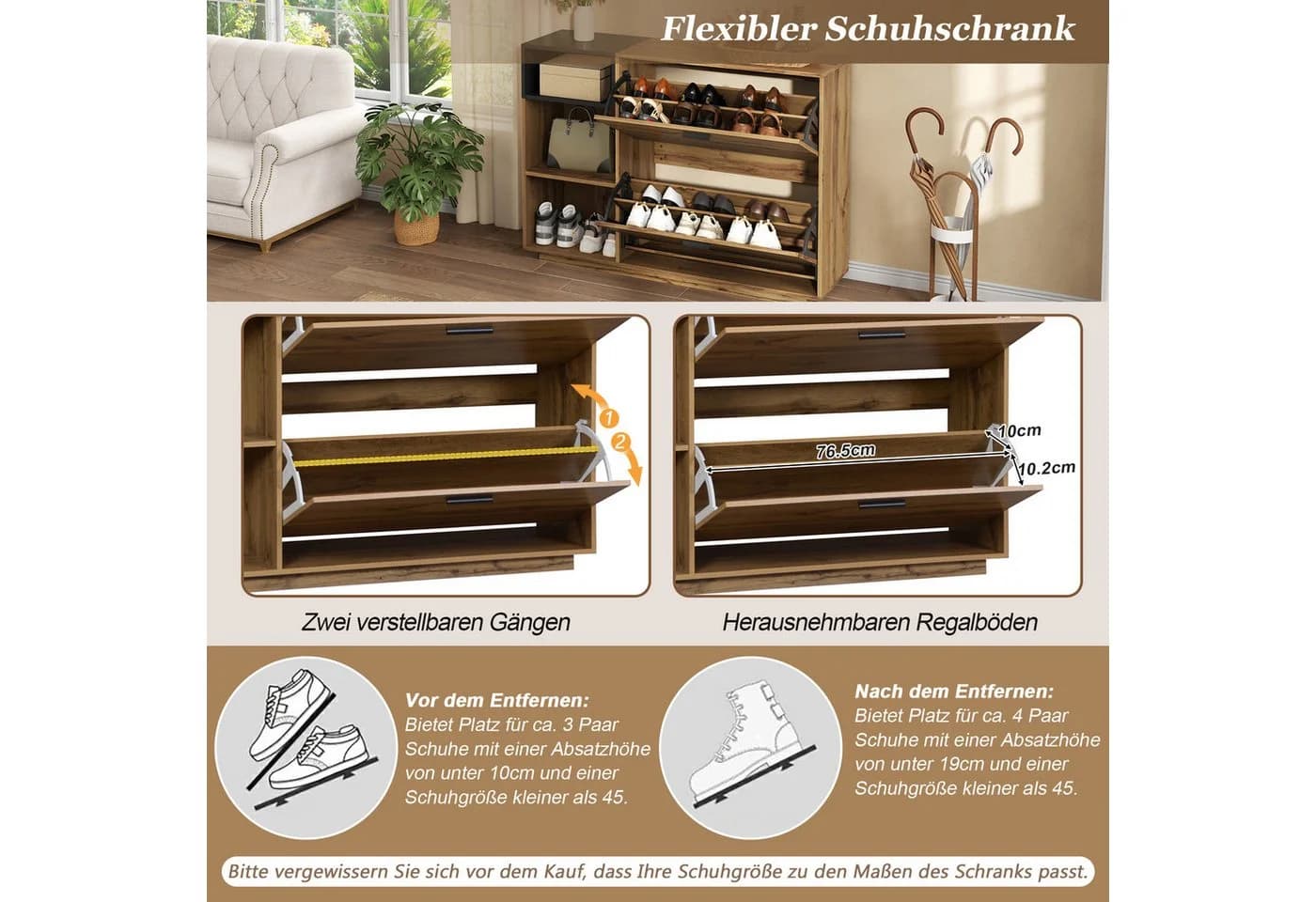 Merax Schuhschrank Naturholz Schwarz mit 3 offenen Fächern & 2 Klappfächern - Bild 4