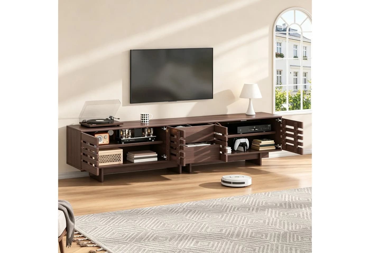 Merax Lowboard TV-Schrank Walnuss Holzoptik 200cm mit 4 Türen & 2 Schubladen