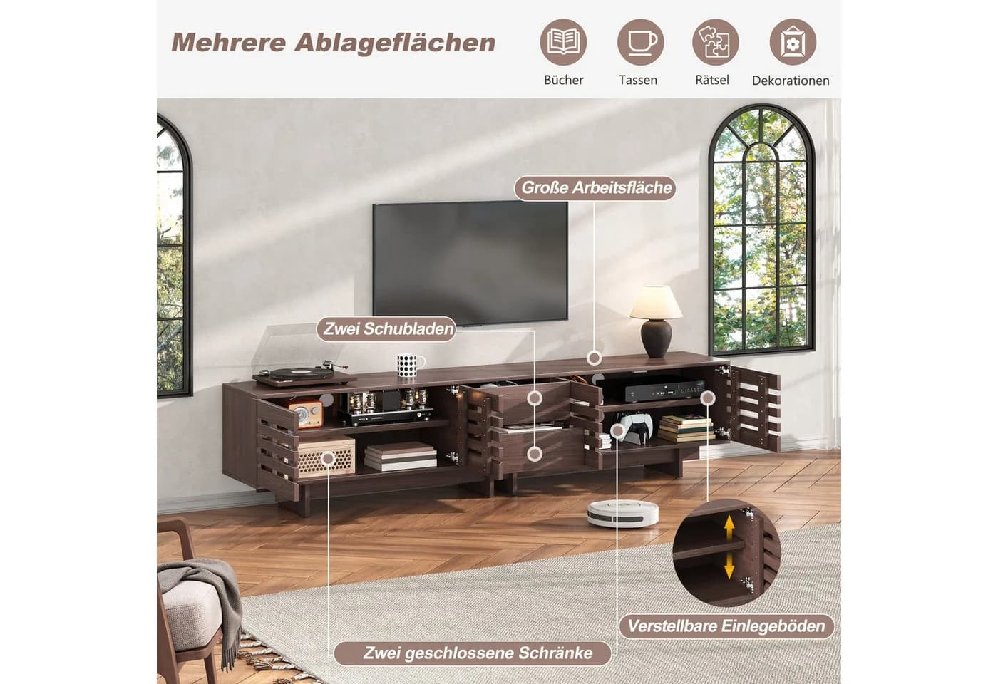 Merax Lowboard TV-Schrank Walnuss Holzoptik 200cm mit 4 Türen & 2 Schubladen - Bild 4