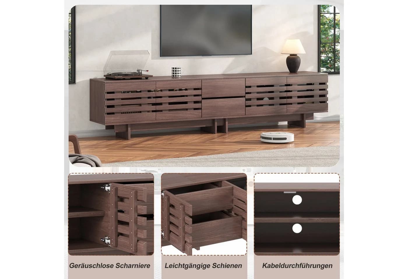 Merax Lowboard TV-Schrank Walnuss Holzoptik 200cm mit 4 Türen & 2 Schubladen - Bild 5