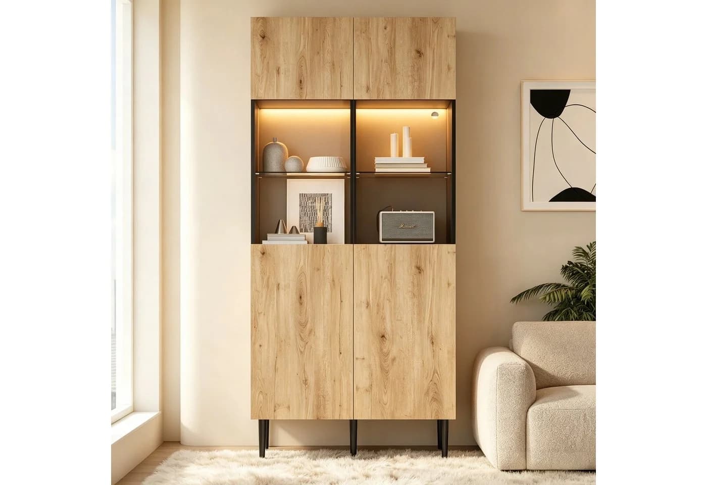 Merax Vitrine mit LED-Beleuchtung Naturholzoptik Schwarz Glastüren - Bild 2