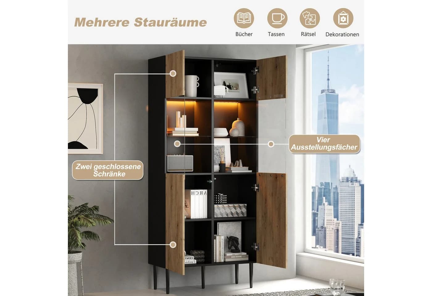 Merax Vitrine mit LED-Beleuchtung Naturholzoptik Schwarz Glastüren - Bild 4