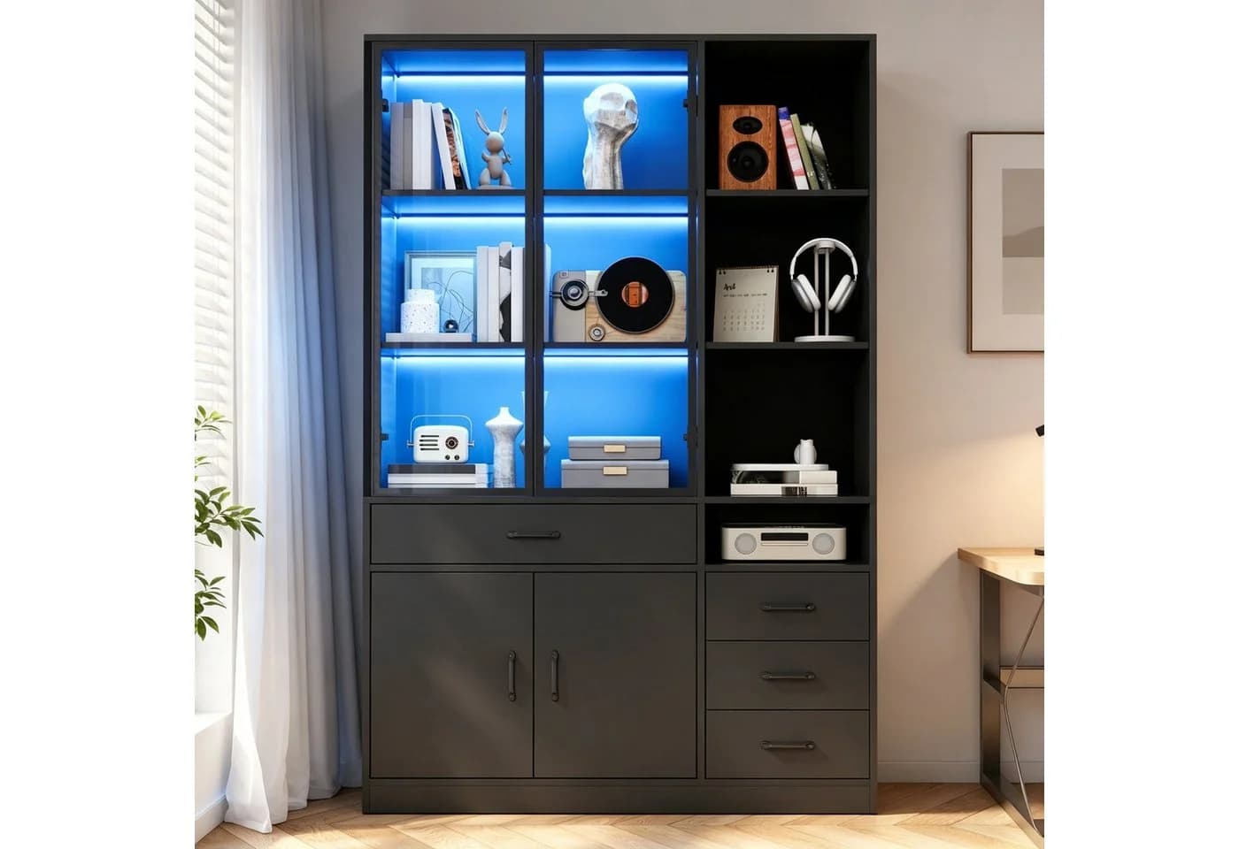 Merax Glasvitrine mit LED Hochschrank Vitrinenschrank Schwarz/Weiß