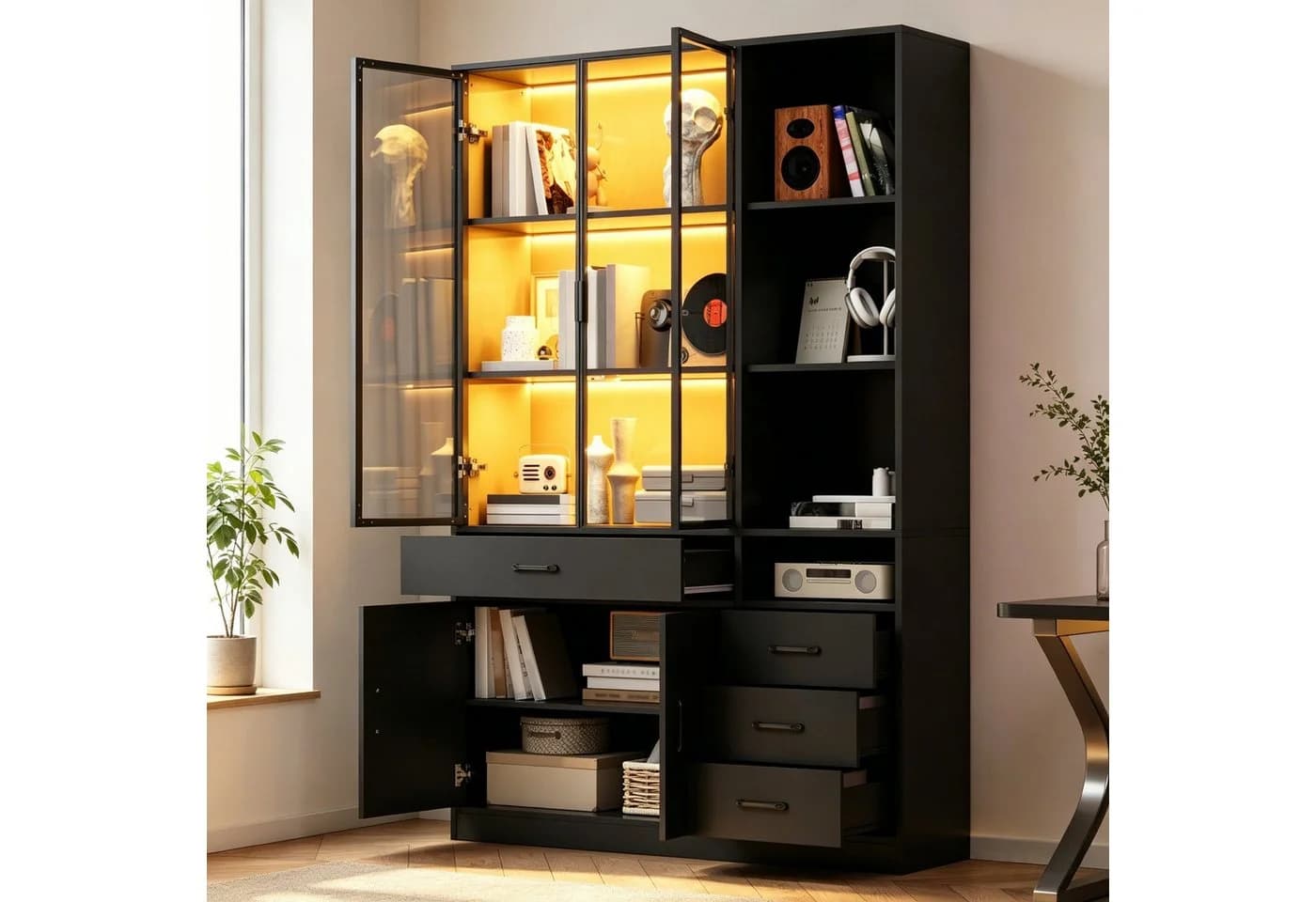 Merax Glasvitrine mit LED Hochschrank Vitrinenschrank Schwarz/Weiß - Bild 2