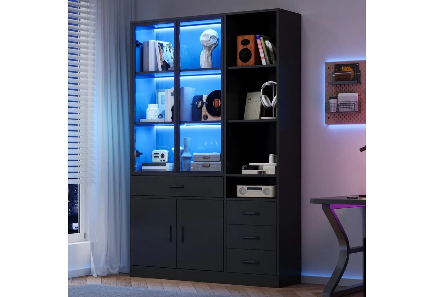 Merax Glasvitrine mit LED Hochschrank Vitrinenschrank Schwarz/Weiß - Bild 3