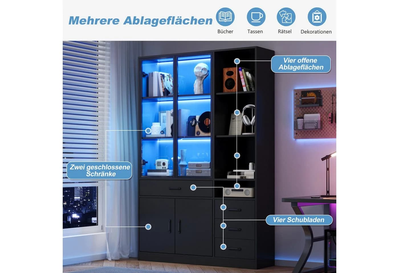 Merax Glasvitrine mit LED Hochschrank Vitrinenschrank Schwarz/Weiß - Bild 4