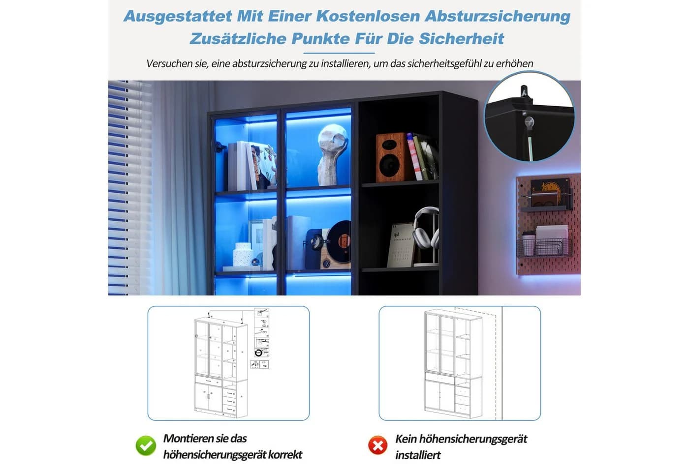 Merax Glasvitrine mit LED Hochschrank Vitrinenschrank Schwarz/Weiß - Bild 5