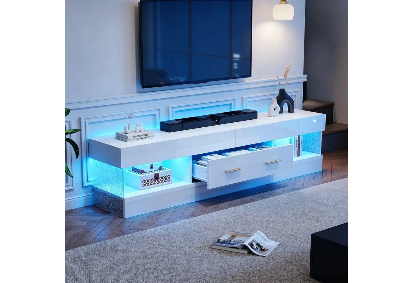Merax Lowboard TV-Schrank mit LED-Beleuchtung und Acryl-Seitenwänden