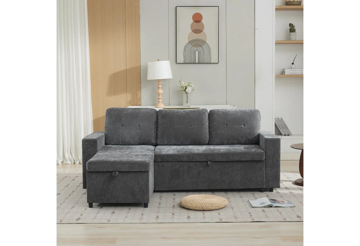 Merax Ecksofa L-förmig Chenille Dreisitzer Schlafsofa Grau - Bild 3