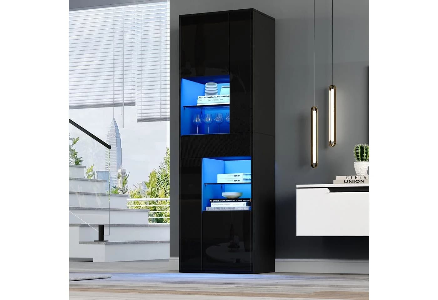 Merax Standvitrine mit LED-Beleuchtung, Hochglanzfront & Glasböden - Bild 3