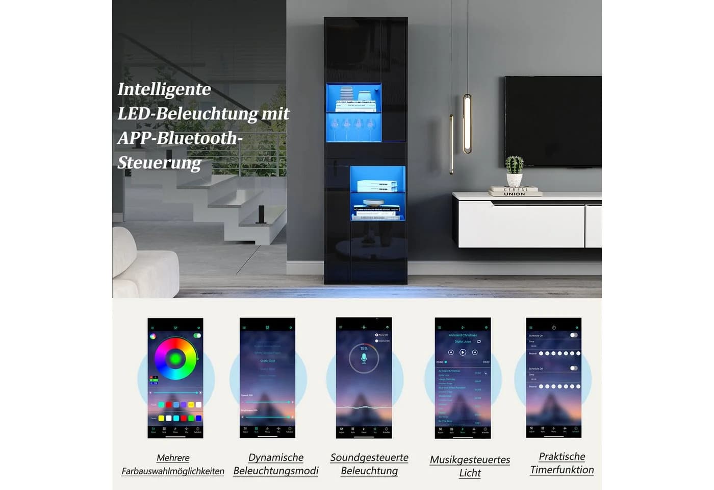 Merax Standvitrine mit LED-Beleuchtung, Hochglanzfront & Glasböden - Bild 4