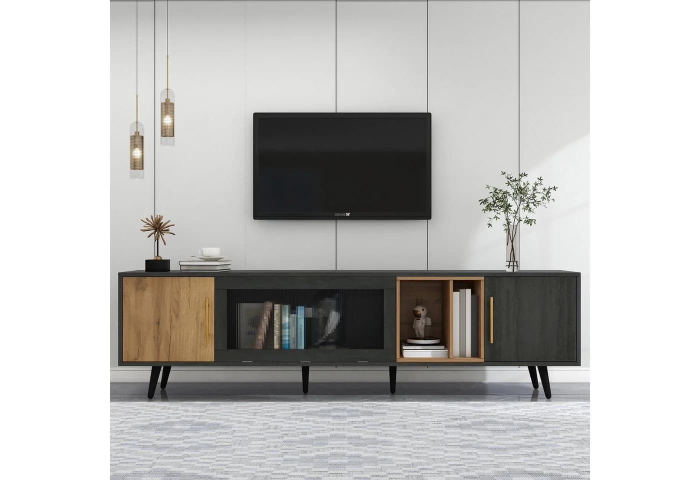 Merax Lowboard Fernsehschrank Grau-Holzoptik mit Glastür & Kabelmanagement