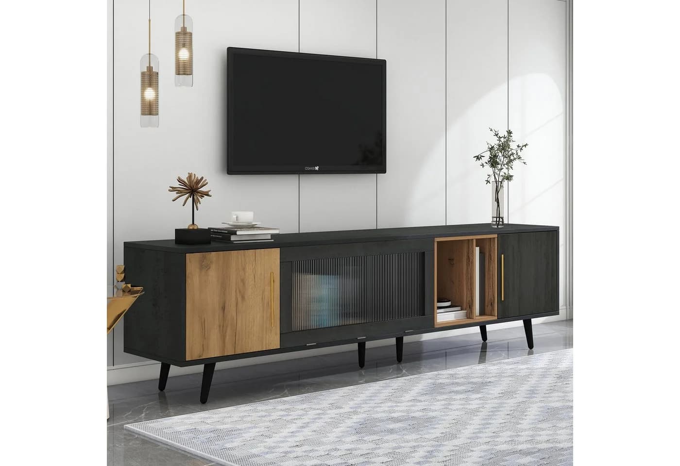 Merax Lowboard Fernsehschrank Grau-Holzoptik mit Glastür & Kabelmanagement - Bild 2