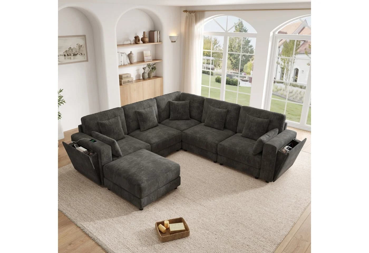 Merax Ecksofa 6-Sitzer Chenille mit USB, Stauraum & 7 Kissen - Bild 2