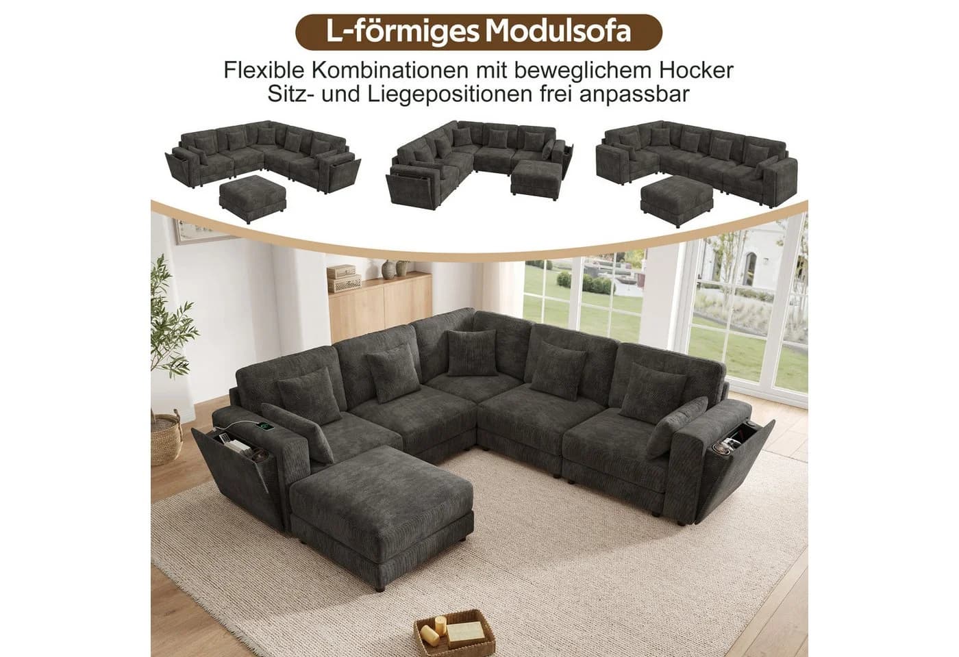 Merax Ecksofa 6-Sitzer Chenille mit USB, Stauraum & 7 Kissen - Bild 4