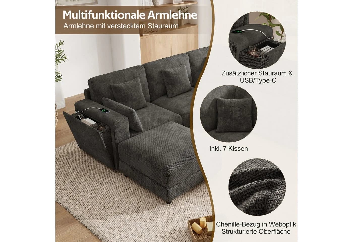 Merax Ecksofa 6-Sitzer Chenille mit USB, Stauraum & 7 Kissen - Bild 5