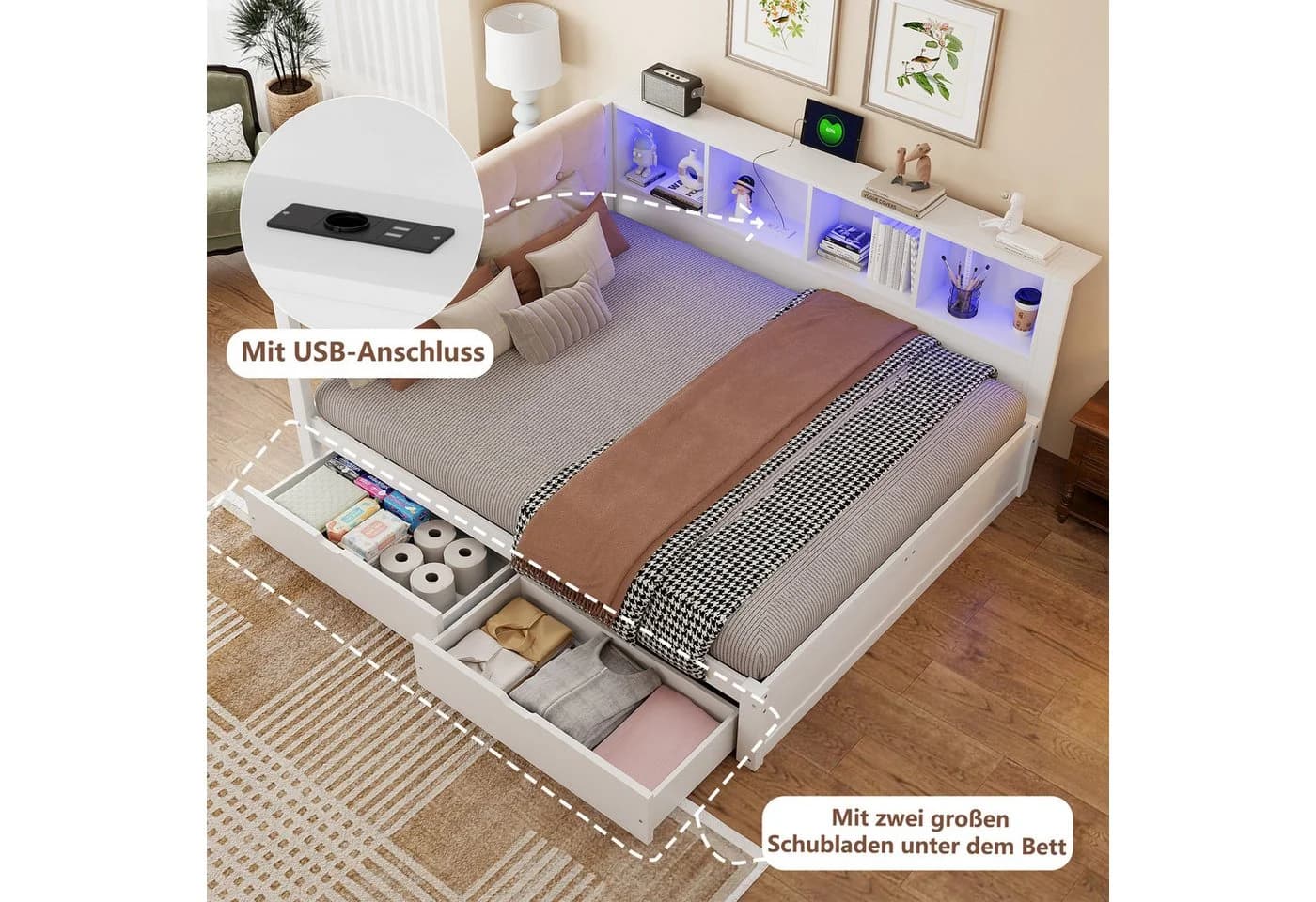 Merax Daybett Weiß mit LED, USB & Stauraum - Bild 5