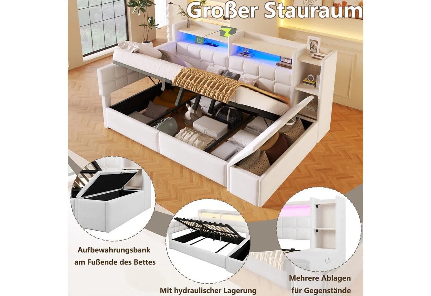 Merax Daybett 140x200 Samt weiß mit LED, USB & Bettkasten - Bild 5