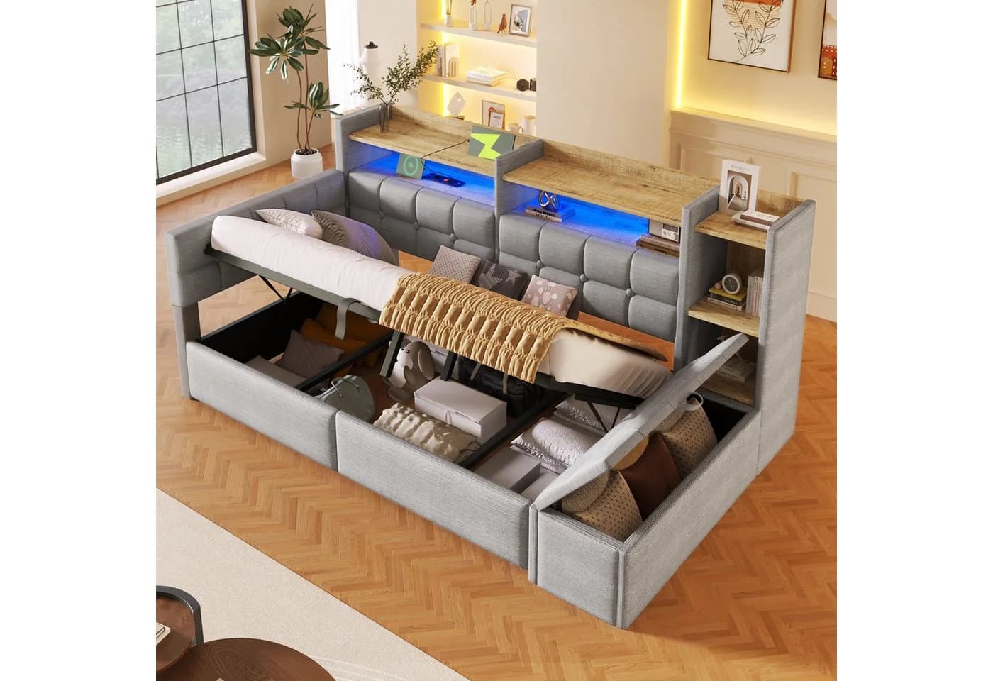 Merax Daybett 90x200cm Samt mit LED, USB & Bettkasten