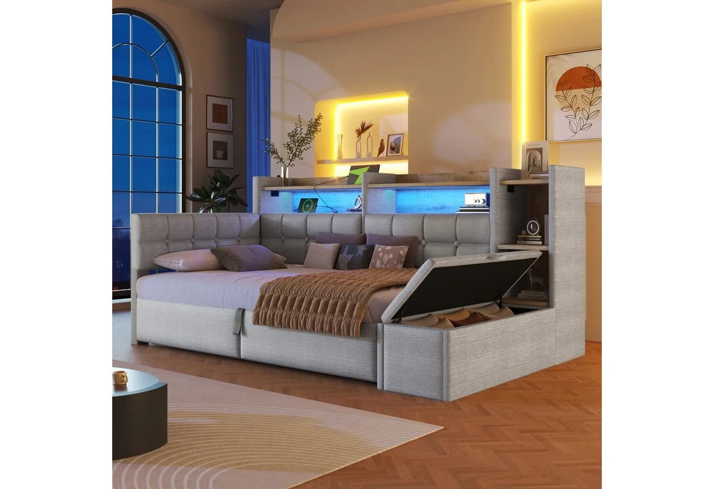 Merax Daybett 90x200cm Samt mit LED, USB & Bettkasten - Bild 2