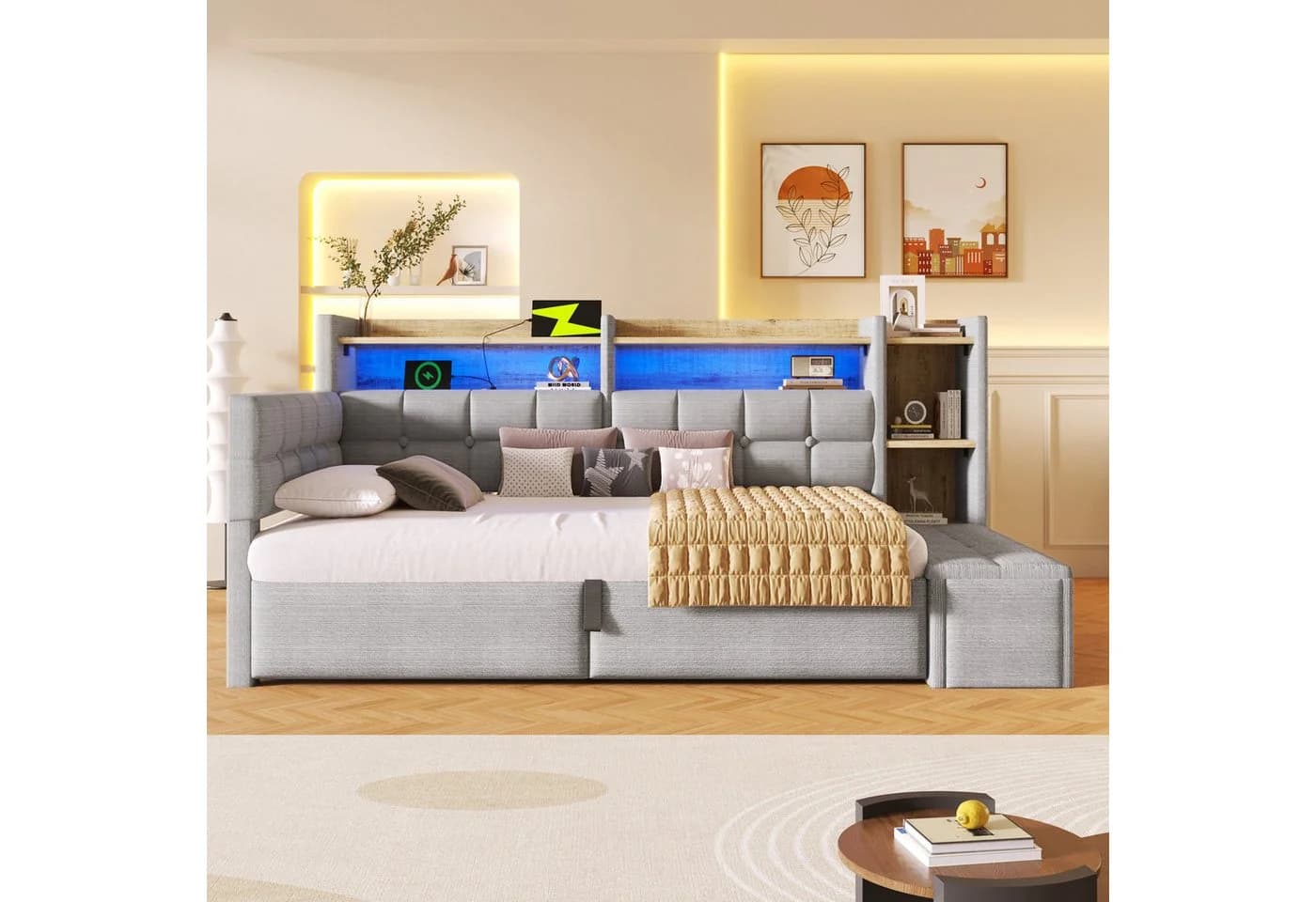 Merax Daybett 90x200cm Samt mit LED, USB & Bettkasten - Bild 3