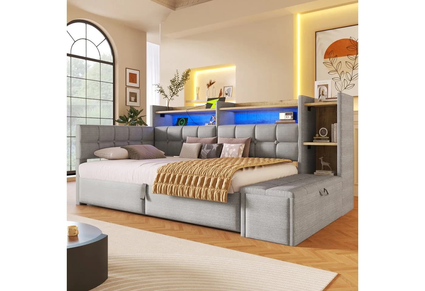 Merax Daybett 90x200cm Samt mit LED, USB & Bettkasten - Bild 4